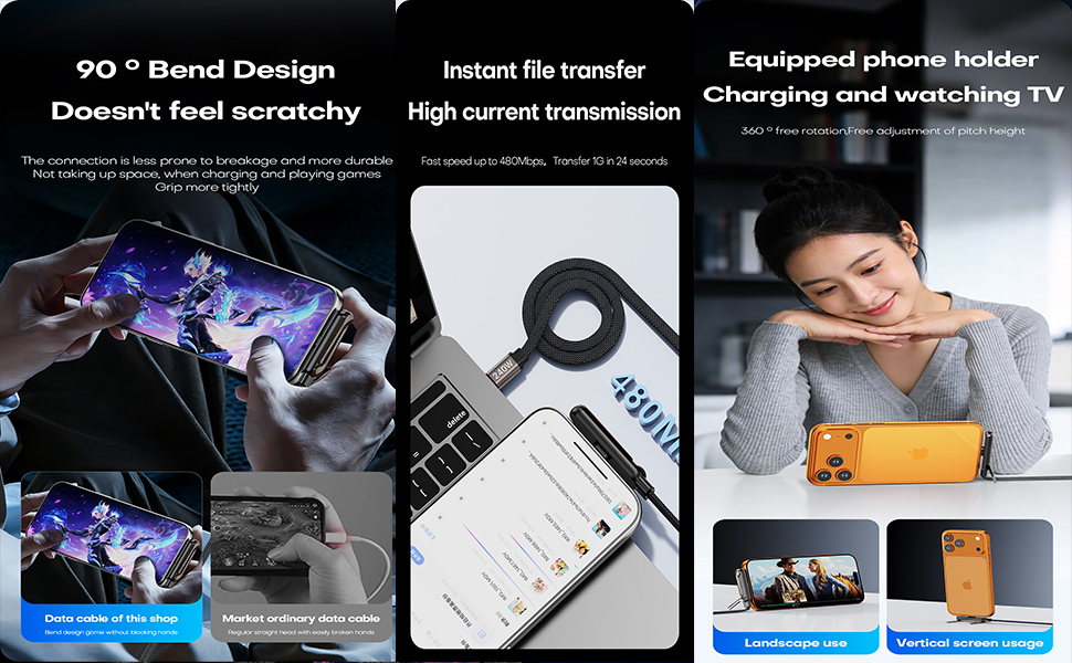 240w braided fast charge cable with built-in phone stand multi charging cable