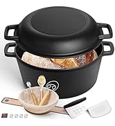 E-far 5QT Dutch Oven for Bread Baking, 2-IN-1 Cast Iron Pot with Skillet Lid &amp; Sourdough Starter ...