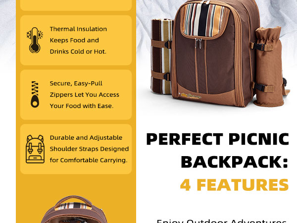 Picnic Backpack Bag Cooler Compartment Detachable Bottle Wine Holder Fleece Blanket Plates Cutlery