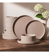 Famiware Star 12-Piece Stoneware Dinnerware Set for 4 – Brown, Ceramic Ribbed Plates and Bowls – ...