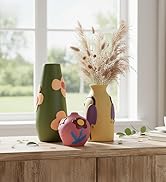 DecoVolg Vintage Ceramic Vase Set of 3, Boho Style Flower Vases with Hand-Painted Floral Patterns...