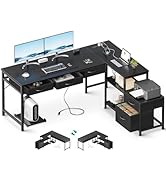 AODK L Shaped Computer Desk with Fabric Drawers and File Cabinet, 61" Reversible Home Office Work...