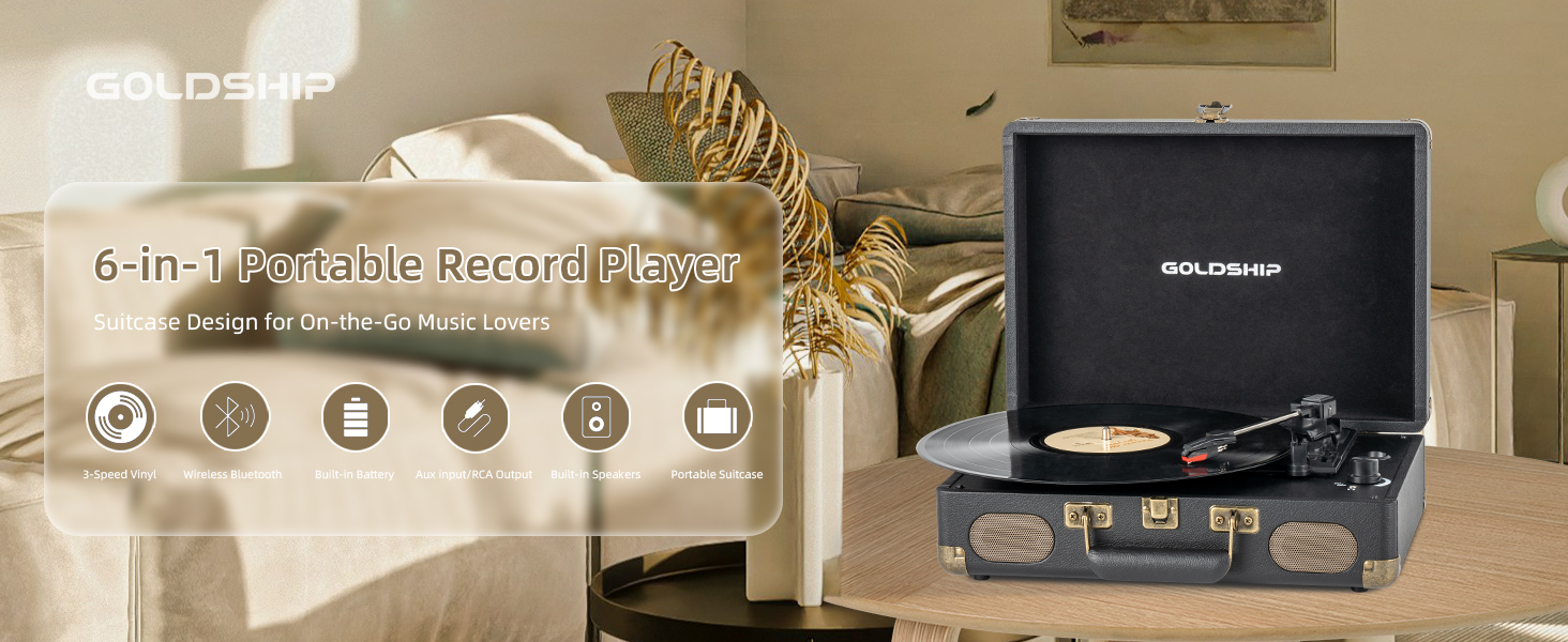 Vinyl Record Player 3-Speed Bluetooth Turntable with Rechargeable Battery