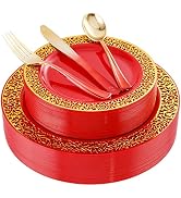 U-QE 150PCS Red and Gold Plastic Plates, Red Disposable Plates with Gold Rim for 30 Guests Includ...
