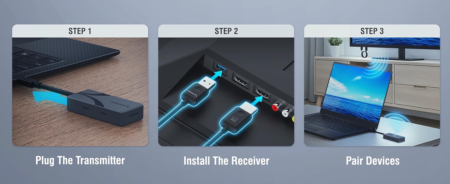Sequence of instructional images showing electronic device installation steps, featuring blue and black components being connected and paired.