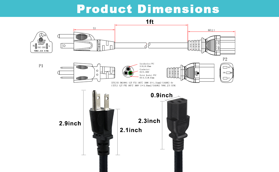 Universal Replacement Black PC Power Supply Cable,Printer 3Prong AC Power Cord