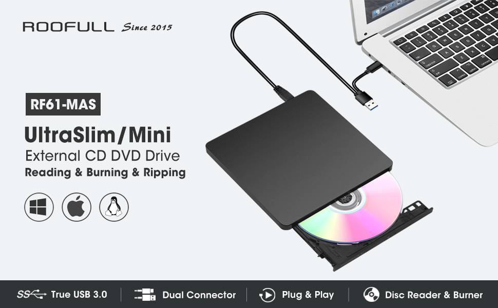 ROOFULL RF61-MAS Ultra Slim Mini External CD DVD +/-RW Drive USB 3.0 &amp; USB-C for Laptop Mac PC