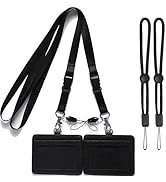 YOUOWO 2 Pack Lanyard with ID Badge Holder Black lanyards with PU Leather Card Holder Horizontal ...