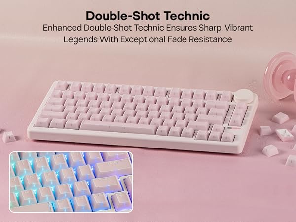 Text reads 'Double-Shot Technic' and 'Legends With Exceptional Fade Resistance'. White mechanical keyboard with blue LED backlighting shown in multiple angles on pink surface.
