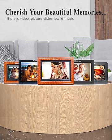 Digital photo frame display on wooden surface. Multiple screens showing different photos. Text above mentions 'Cherish Your Beautiful Memories' and '16 photo slideshow'.