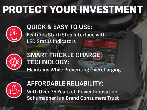 Schumacher charger on car with reverse hook-up protection and multi-stage charging