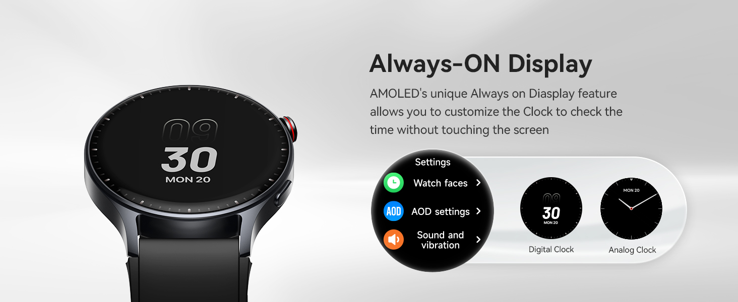 Smartwatch with circular black display showing Always-ON feature. Screen displays time, date, and colorful app icons.