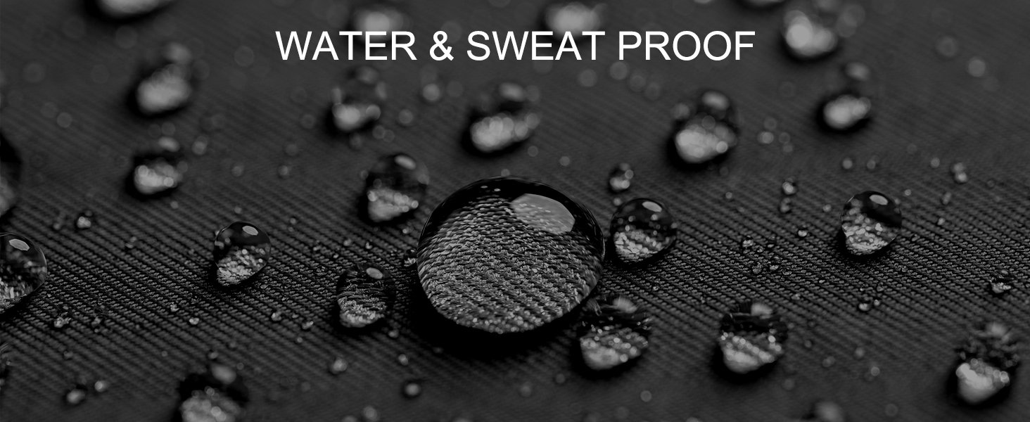 Close-up of water droplets beading on black water-resistant fabric surface, demonstrating water and sweat-proof properties.