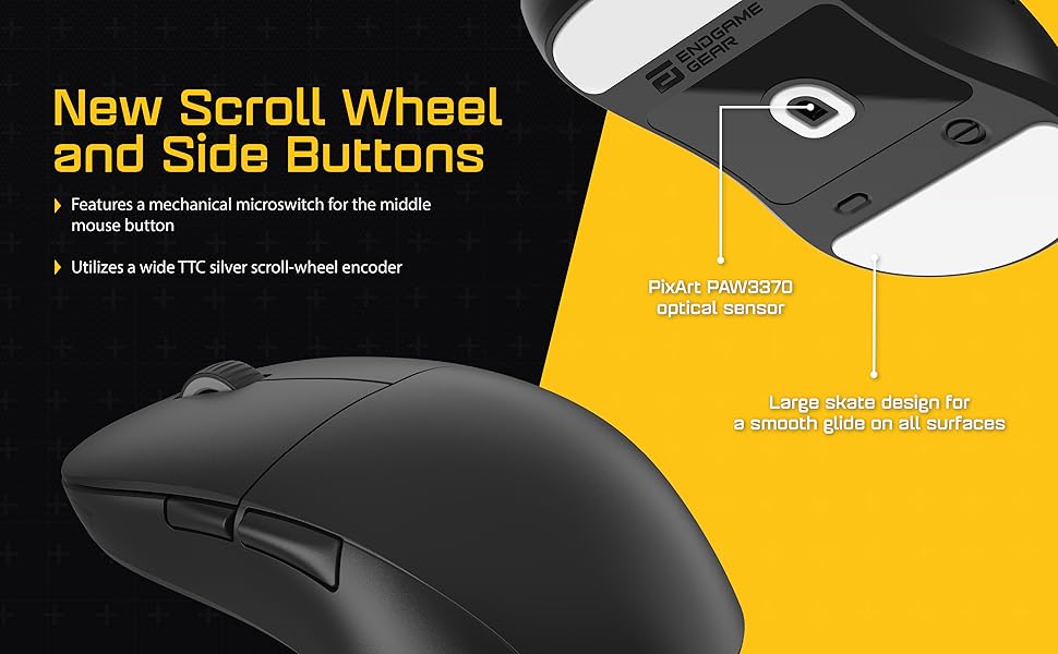 Two XM2we mice. Text reads: Side buttons, wide TTC scroll-wheel encoder, and large skate design.