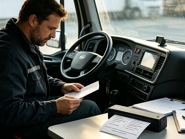Truck driver uses the A8 mobile printer to print forms, schedules, documents inside a truck cab