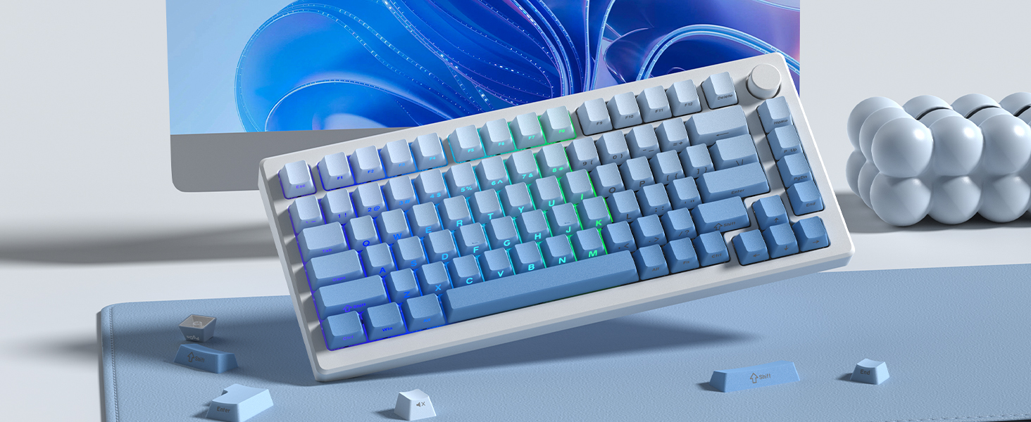 womier Blue PBT keycap Set,Shine Through keycap 75 Percent,Double Shot Key caps,Cherry Profile