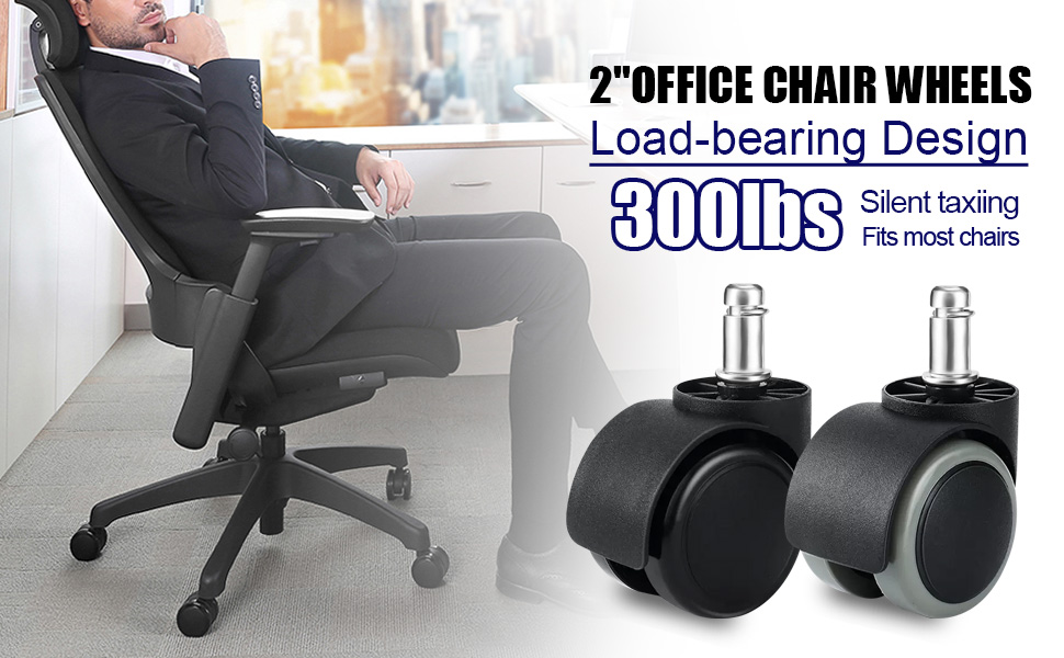 2-inch office chair wheels with load-bearing design. Silent, 300 lbs capacity, fits most chairs. Image shows person in office chair and close-up of black caster wheels.