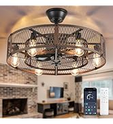 Depuley Outdoor Ceiling Fan with Light: 26" Caged Ceiling Fans with Remote App Control for Patio ...
