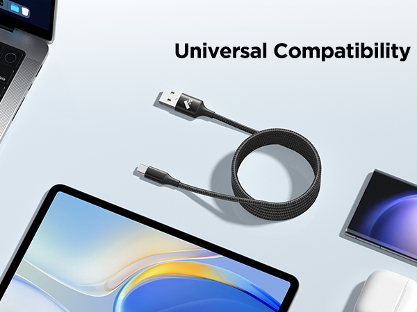 USB charging cable with USB-A and USB-C connectors, shown with laptop, tablet, and smartphone. Text indicates 'Universal Compatibility' for multiple device types.