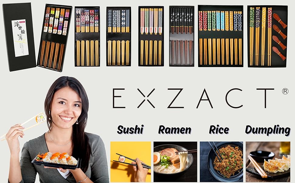 Display of various chopstick sets in boxes. Lower section shows food images labeled Sushi, Ramen, Rice, and Dumpling.