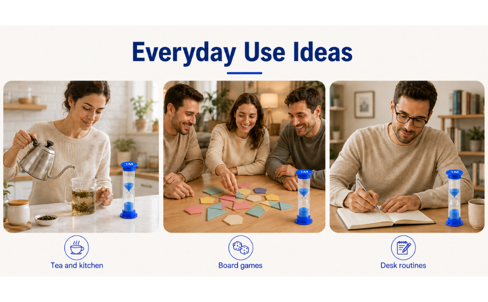 Blue 1 minute sand timers for tea, board games, and desk routines