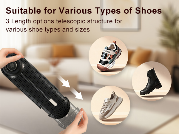 Text reads: 'Suitable for Various Types of Shoes' and '3 Length options telescopic structure for various shoe types and sizes' Black device shown with circular inset images of different shoe styles