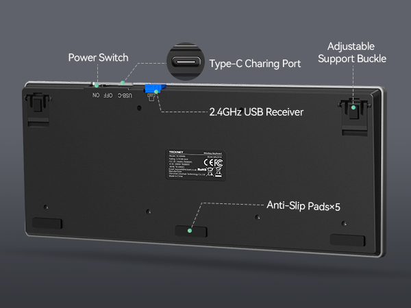 Back panel of electronic device showing ports and labels: Power Switch, Type-C Charging Port, 2.4GHz USB Receiver, Adjustable Support Buckle, and Anti-Slip Pads.