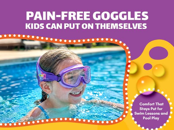Young boy in a pool wearing pain-free kids swimming goggles that don't pull hair