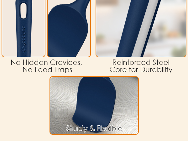 Silicone kitchen utensils with seamless design, reinforced steel core, and sturdy yet flexible heads