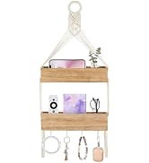 Mkono Macrame Hanging Shelf for Bedside Shelf Organizer with Hooks, Boho Wall Decor Cute Wood Flo...