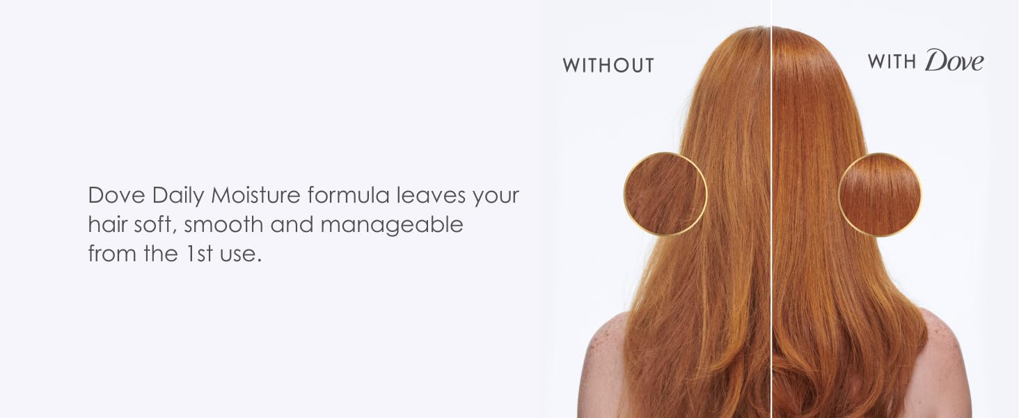 Comparison between hair without and with Dove, next to text about Daily Moisture formula benefits.