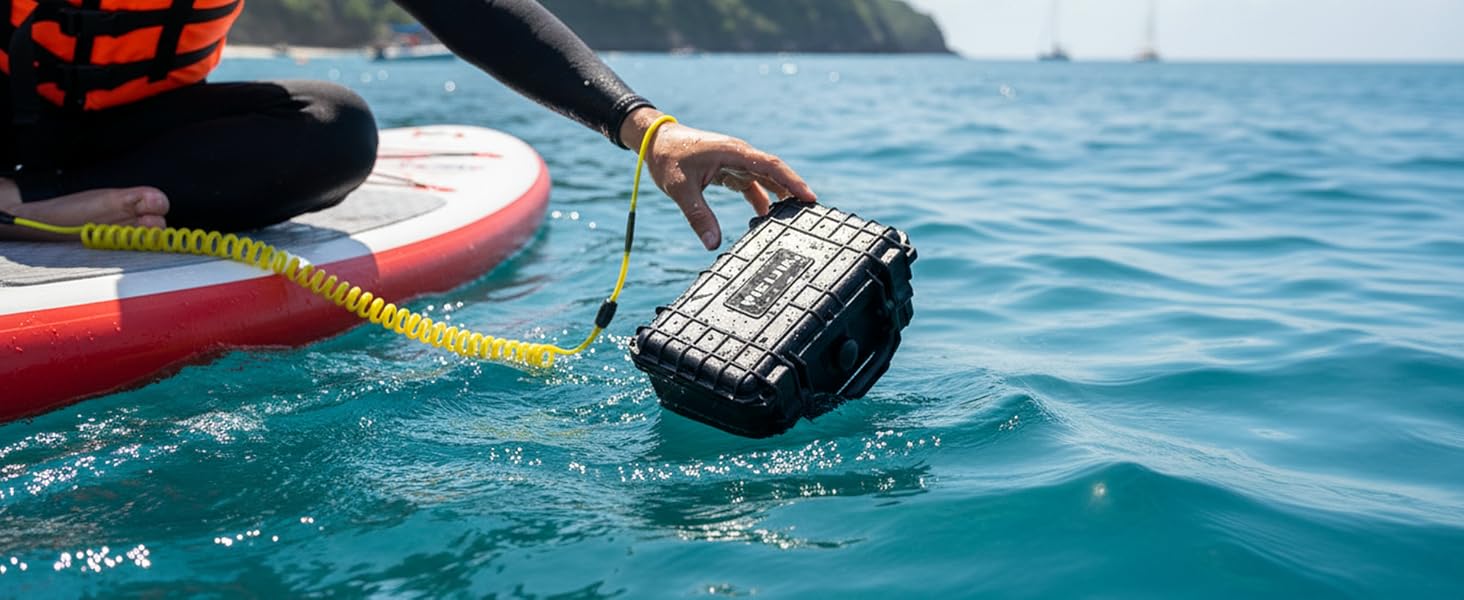 Action shot of waterproof case or container being retrieved from ocean water, with paddleboard or kayak visible in frame.