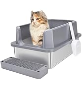 RIZZARI Stainless Steel Cat Litter Box, Semi-Enclosed Litter Box with Raised Edges, Anti-Leakage ...