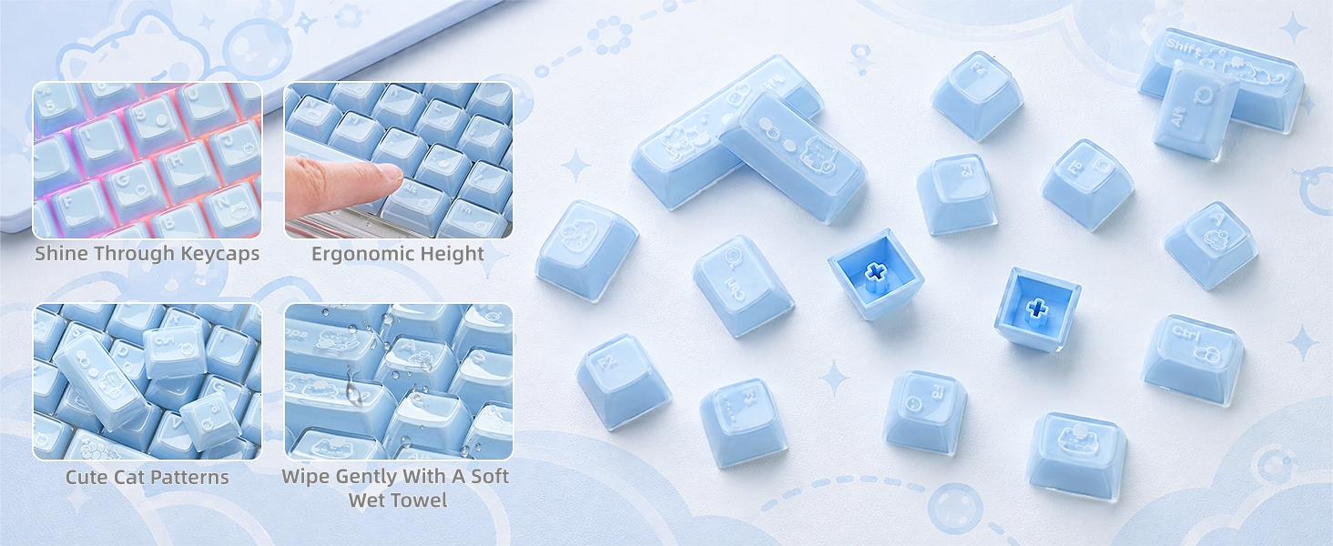 Jelly Keycaps, Clear Cute Keycaps Shine through Keycaps Set OEM Profile, Cute Custom Keycaps