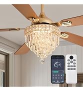 Kunywooe 52" Crystal Ceiling Fan with Lights, Remote &amp; App Control, Modern Chandelier Fan, 5 Blad...