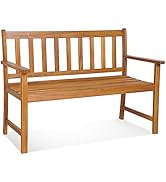 Tangkula Outdoor Acacia Wood Bench, 2-Person Garden Bench with Backrest and Armrests, Garden Benc...