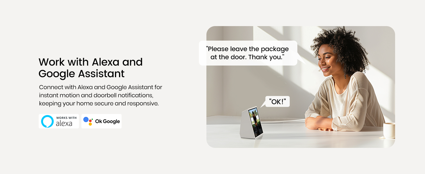 Marketing image for virtual assistant integration, showing a person using a smartphone with 'Hey Alexa' text bubble. Logos for Alexa and Google Assistant visible.