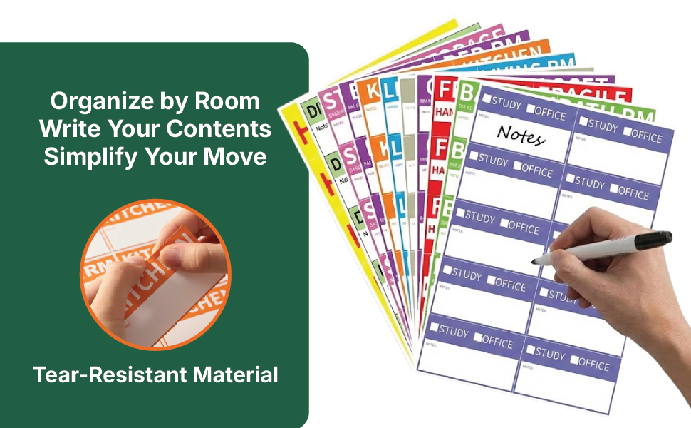Write-on moving box labels, tear resistant room stickers for easy packing organization