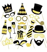 Photo Booth Props with Wooden Sticks - 22 Pcs DIY Lightweight Paper Face Mask &amp; Glasses Decor for...