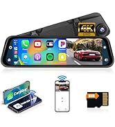 Hikity Wireless Carplay 4K Mirror Dash Cam, 12" Mirror Camera Full Touch Split Screen with Androi...