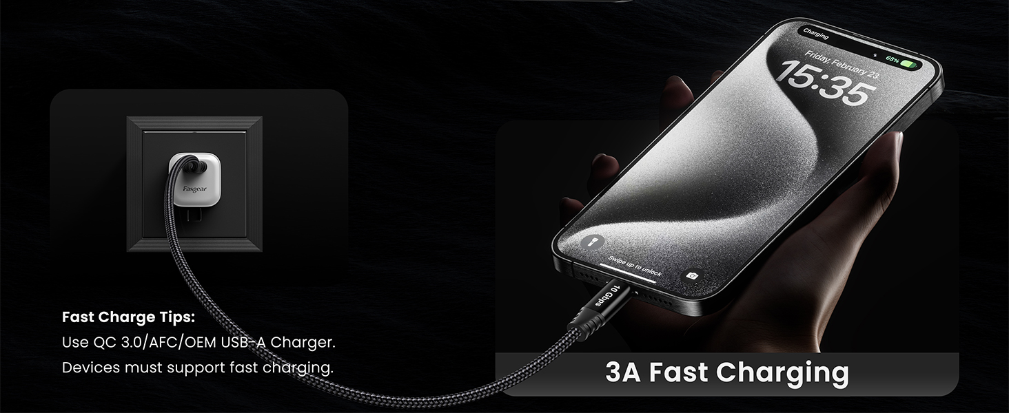 Fasgear USB to USB C Cable USB 3.2 Gen 2 10Gbps Data Transfer 3A Fast Charging