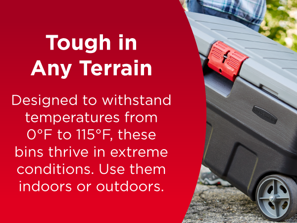  Image of storage container with wheels with text reading tough in any terrain.