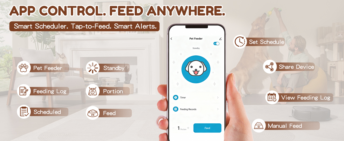 App-controlled pet feeder with remote feeding, scheduling, and smart alerts.