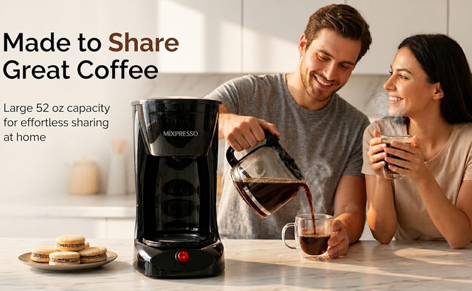 Couple enjoying coffee at home with Mixpresso coffee maker, pouring fresh brew from glass carafe