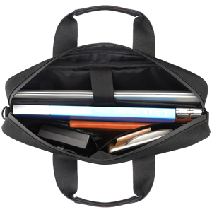 Open black laptop bag revealing multiple compartments for organizing various devices and accessories, with handles visible at the top.