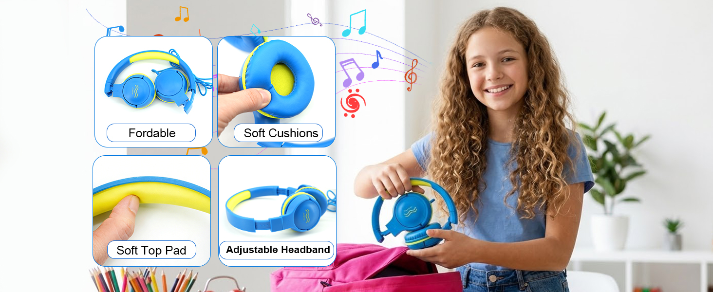 Foldable comfortable wired kids headset with volume limiter and built-in microphone for school use