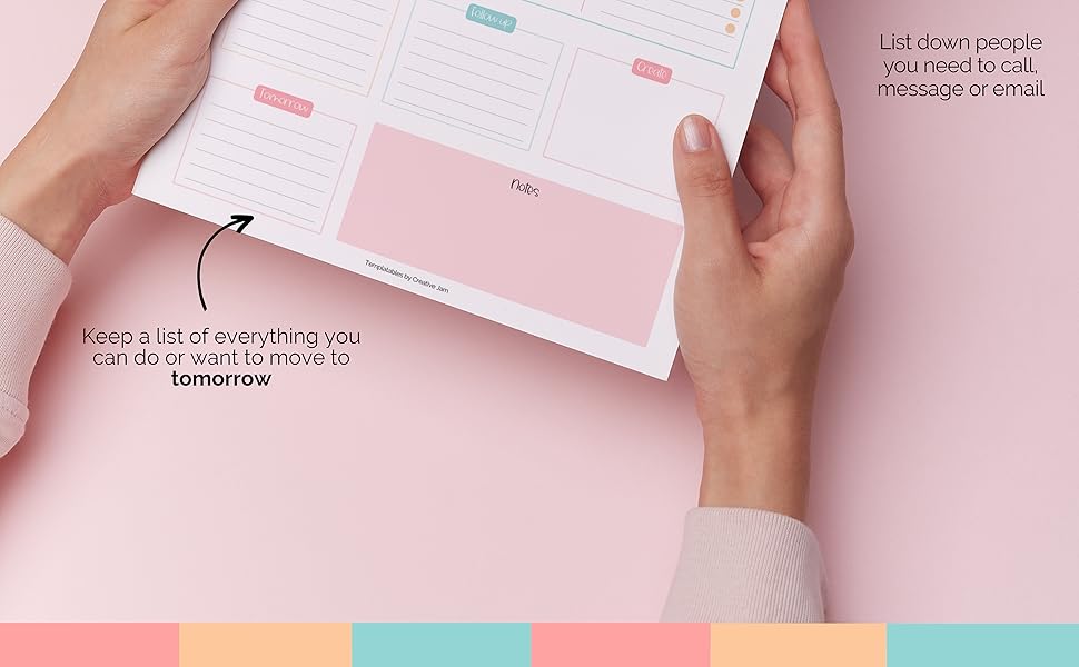 Split image showing notebook or planner being used with writing implements against pink background.