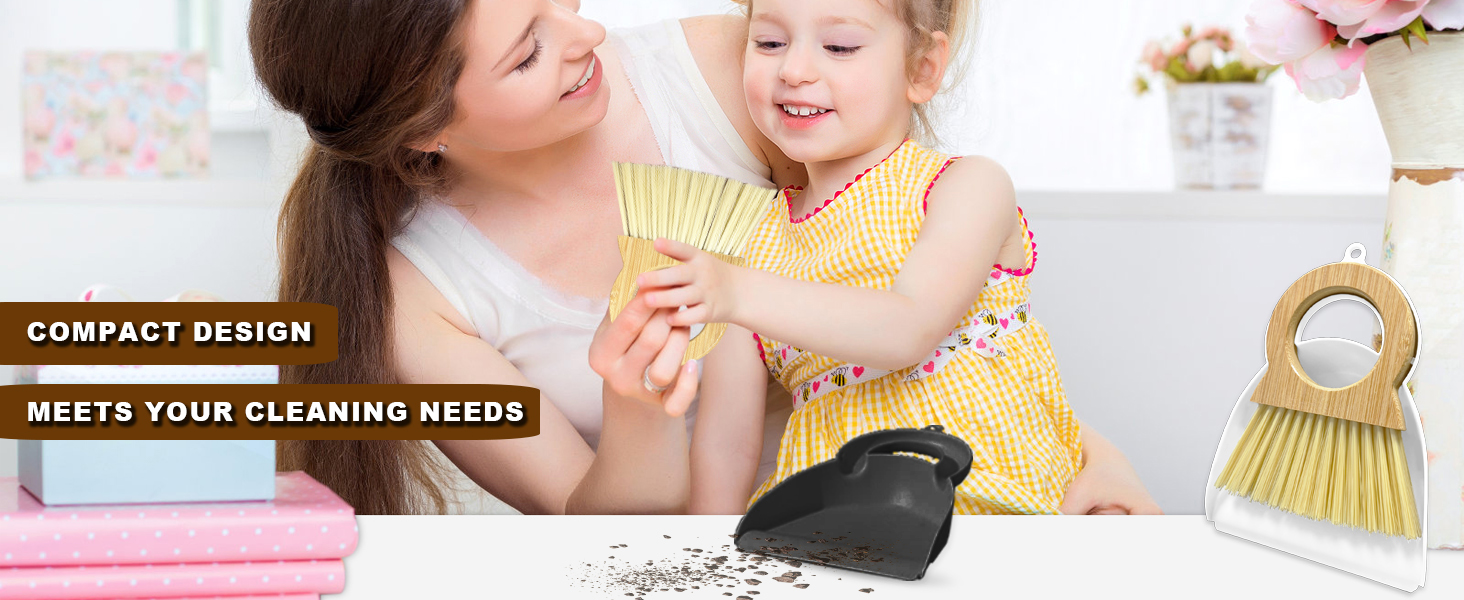 Xifando Mini Broom and Dustpan Set Compact Bamboo Handle Mini Dustpan Brush Small Dust Pan and Broom