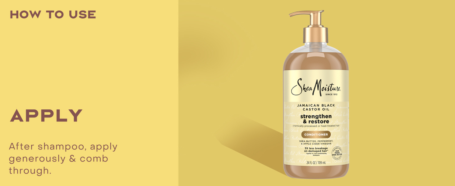 Image of the SheaMoisture Strengthen &amp;amp; Restore Conditioner bottle, next to applying instructions.