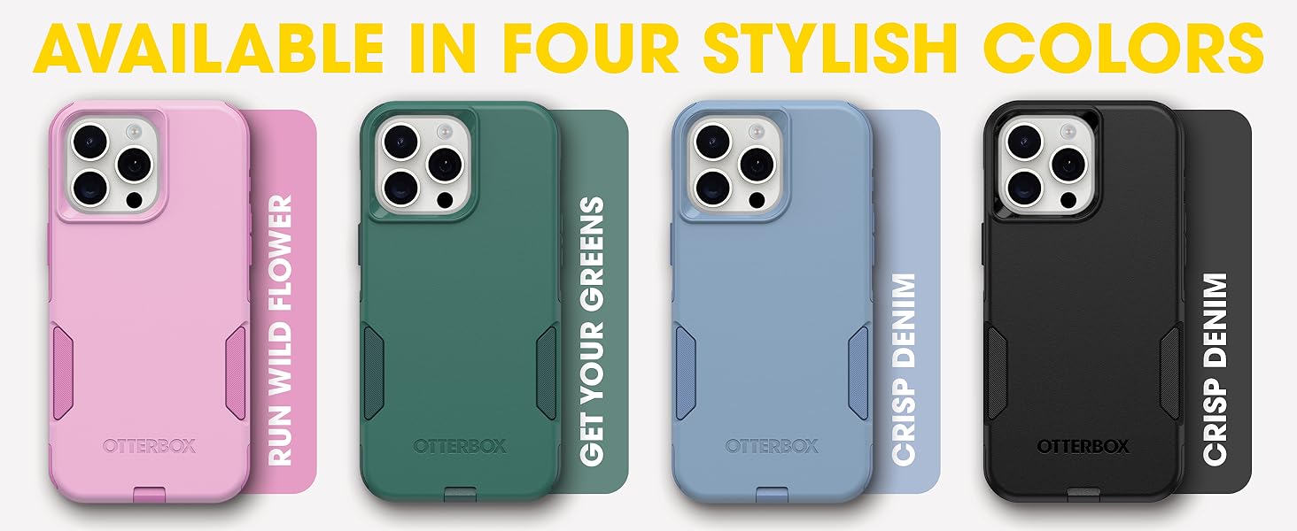 Shows the otterbox commuter case in four different colors: pink, green, blue and black
